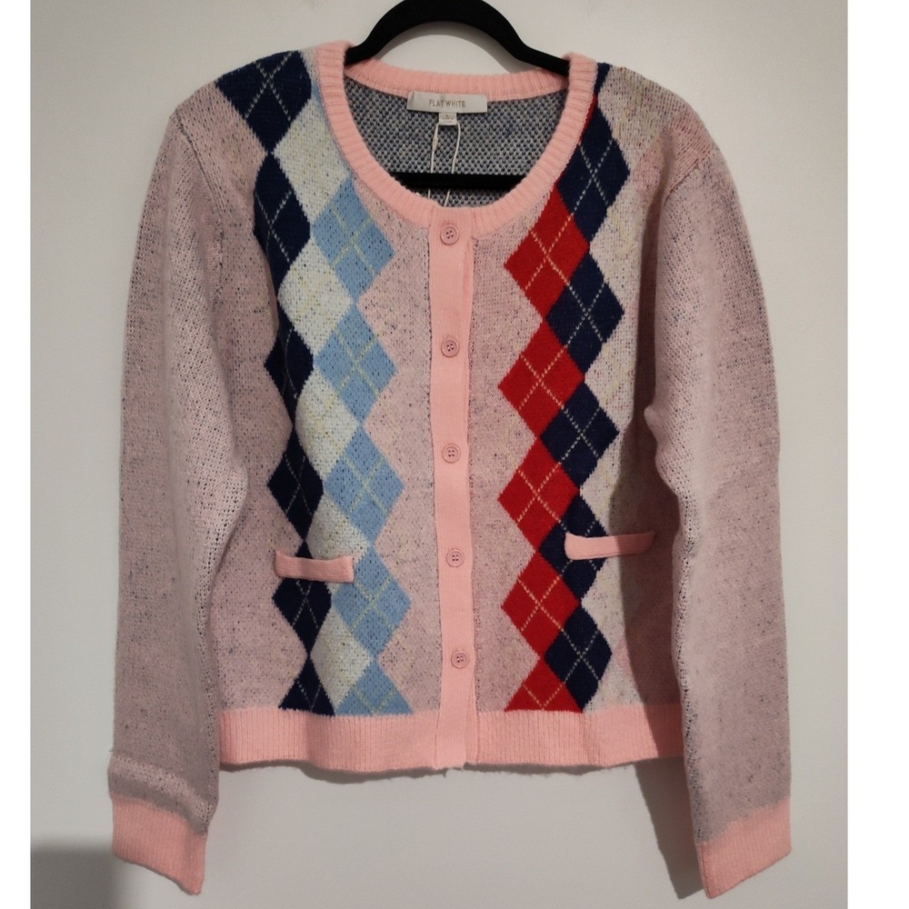 Flat White Women Argyle Cardigan Sweater Pink Blue Red Crew Neck NWT Large